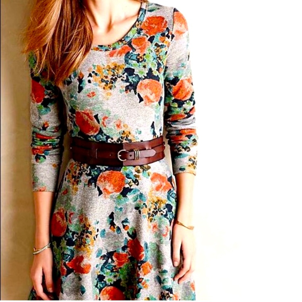 Anthropologie Terry Floral Fit & Flare Dress w/ Lining, Back Zip Pom Pom, Medium